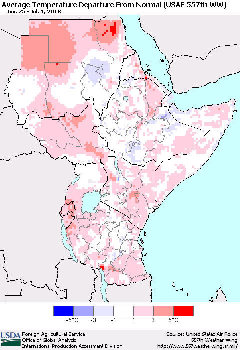 Eastern Africa Average Temperature Departure from Normal (USAF 557th WW) Thematic Map For 6/25/2018 - 7/1/2018