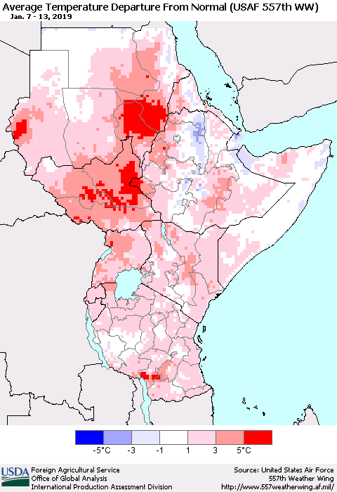 Eastern Africa Average Temperature Departure from Normal (USAF 557th WW) Thematic Map For 1/7/2019 - 1/13/2019