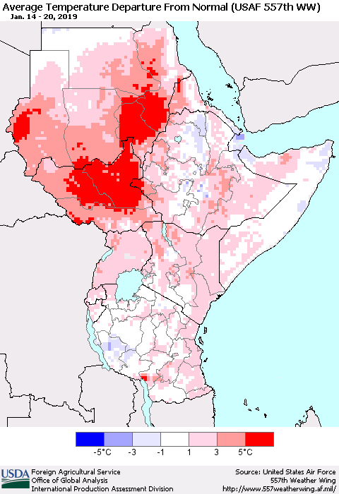 Eastern Africa Average Temperature Departure from Normal (USAF 557th WW) Thematic Map For 1/14/2019 - 1/20/2019