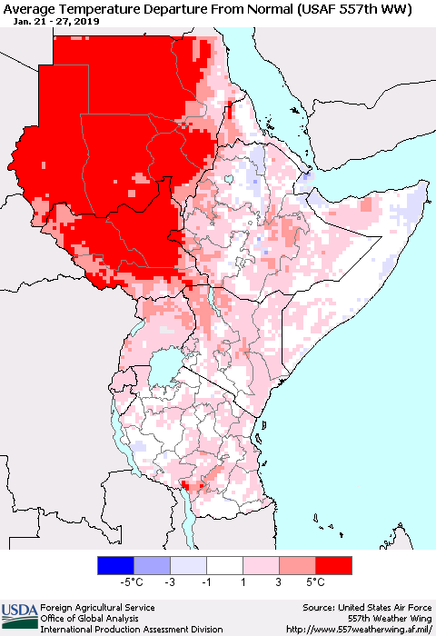 Eastern Africa Average Temperature Departure from Normal (USAF 557th WW) Thematic Map For 1/21/2019 - 1/27/2019