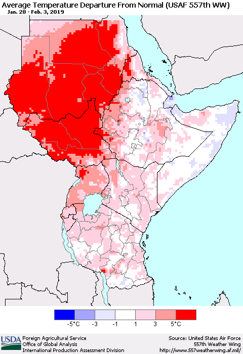 Eastern Africa Average Temperature Departure from Normal (USAF 557th WW) Thematic Map For 1/28/2019 - 2/3/2019