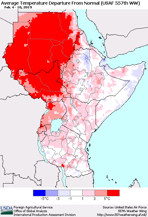 Eastern Africa Average Temperature Departure from Normal (USAF 557th WW) Thematic Map For 2/4/2019 - 2/10/2019