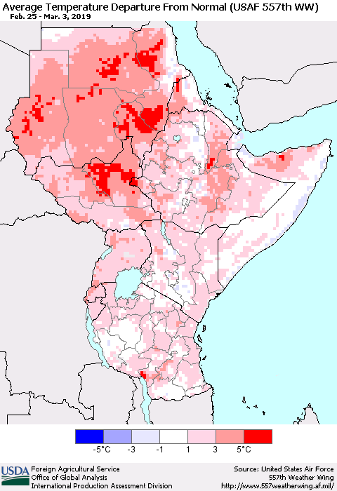 Eastern Africa Average Temperature Departure from Normal (USAF 557th WW) Thematic Map For 2/25/2019 - 3/3/2019
