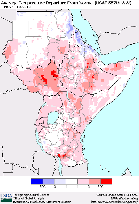 Eastern Africa Average Temperature Departure from Normal (USAF 557th WW) Thematic Map For 3/4/2019 - 3/10/2019