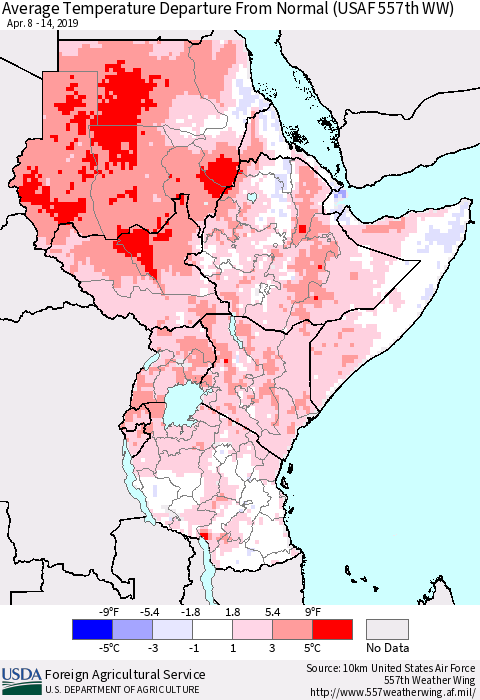 Eastern Africa Average Temperature Departure from Normal (USAF 557th WW) Thematic Map For 4/8/2019 - 4/14/2019