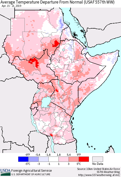 Eastern Africa Average Temperature Departure from Normal (USAF 557th WW) Thematic Map For 4/15/2019 - 4/21/2019