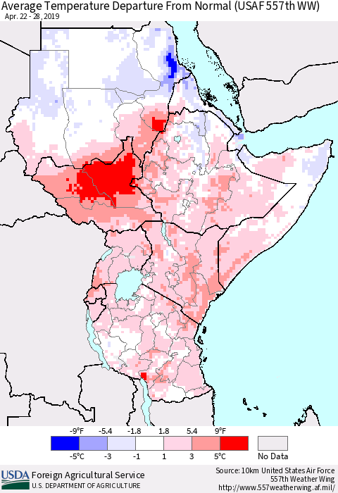 Eastern Africa Average Temperature Departure from Normal (USAF 557th WW) Thematic Map For 4/22/2019 - 4/28/2019