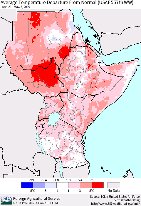 Eastern Africa Average Temperature Departure from Normal (USAF 557th WW) Thematic Map For 4/29/2019 - 5/5/2019