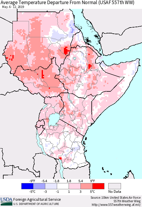 Eastern Africa Average Temperature Departure from Normal (USAF 557th WW) Thematic Map For 5/6/2019 - 5/12/2019