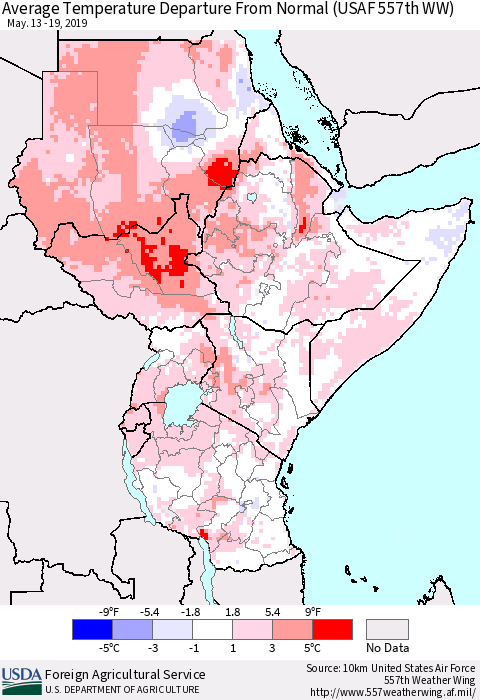 Eastern Africa Average Temperature Departure from Normal (USAF 557th WW) Thematic Map For 5/13/2019 - 5/19/2019