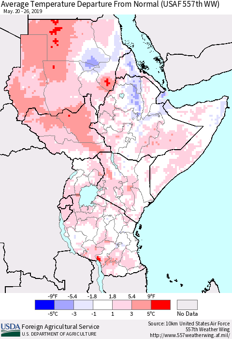 Eastern Africa Average Temperature Departure from Normal (USAF 557th WW) Thematic Map For 5/20/2019 - 5/26/2019