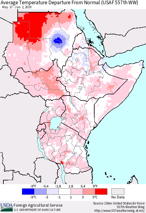 Eastern Africa Average Temperature Departure from Normal (USAF 557th WW) Thematic Map For 5/27/2019 - 6/2/2019