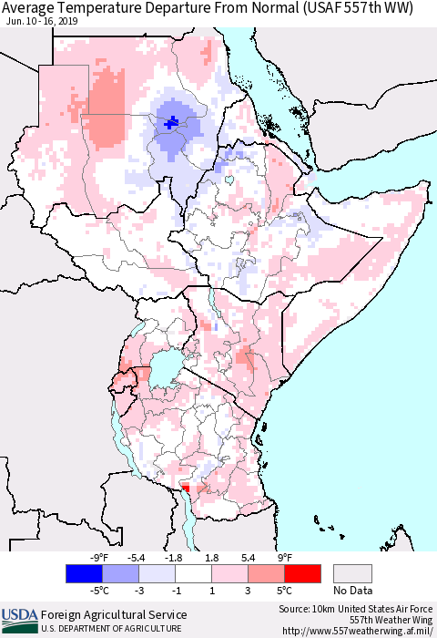 Eastern Africa Average Temperature Departure from Normal (USAF 557th WW) Thematic Map For 6/10/2019 - 6/16/2019