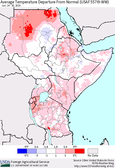 Eastern Africa Average Temperature Departure from Normal (USAF 557th WW) Thematic Map For 6/24/2019 - 6/30/2019