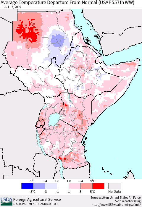 Eastern Africa Average Temperature Departure from Normal (USAF 557th WW) Thematic Map For 7/1/2019 - 7/7/2019