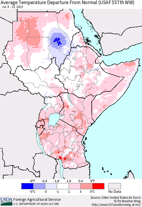 Eastern Africa Average Temperature Departure from Normal (USAF 557th WW) Thematic Map For 7/8/2019 - 7/14/2019