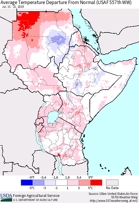 Eastern Africa Average Temperature Departure from Normal (USAF 557th WW) Thematic Map For 7/15/2019 - 7/21/2019