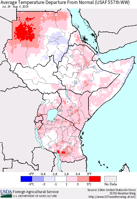 Eastern Africa Average Temperature Departure from Normal (USAF 557th WW) Thematic Map For 7/29/2019 - 8/4/2019