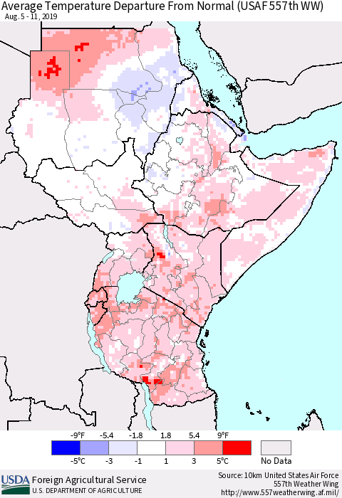 Eastern Africa Average Temperature Departure from Normal (USAF 557th WW) Thematic Map For 8/5/2019 - 8/11/2019