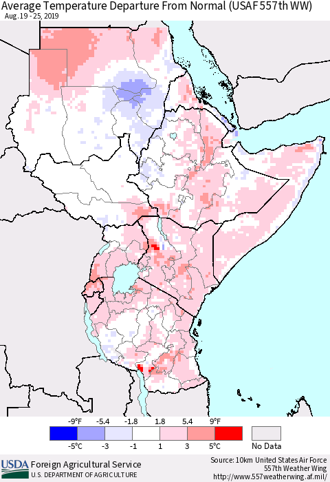 Eastern Africa Average Temperature Departure from Normal (USAF 557th WW) Thematic Map For 8/19/2019 - 8/25/2019