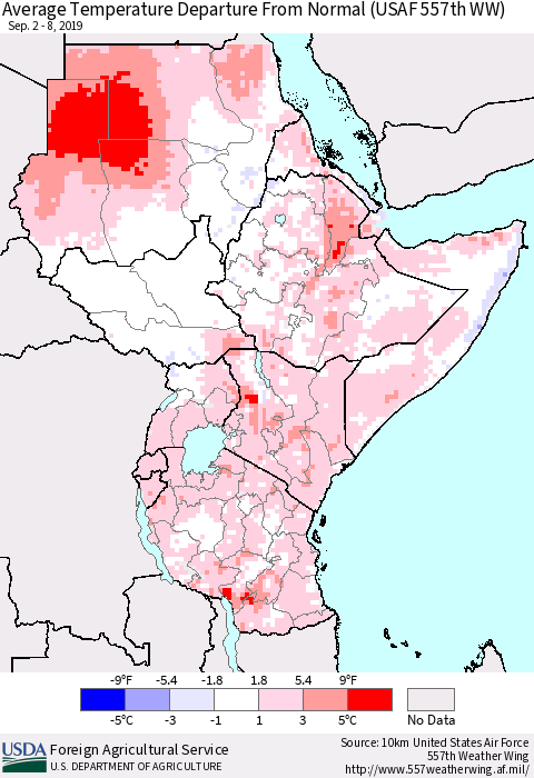 Eastern Africa Average Temperature Departure from Normal (USAF 557th WW) Thematic Map For 9/2/2019 - 9/8/2019