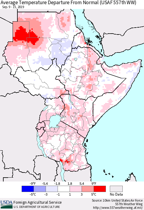 Eastern Africa Average Temperature Departure from Normal (USAF 557th WW) Thematic Map For 9/9/2019 - 9/15/2019