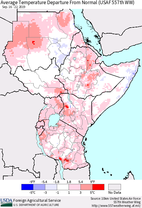 Eastern Africa Average Temperature Departure from Normal (USAF 557th WW) Thematic Map For 9/16/2019 - 9/22/2019