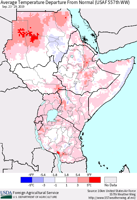 Eastern Africa Average Temperature Departure from Normal (USAF 557th WW) Thematic Map For 9/23/2019 - 9/29/2019