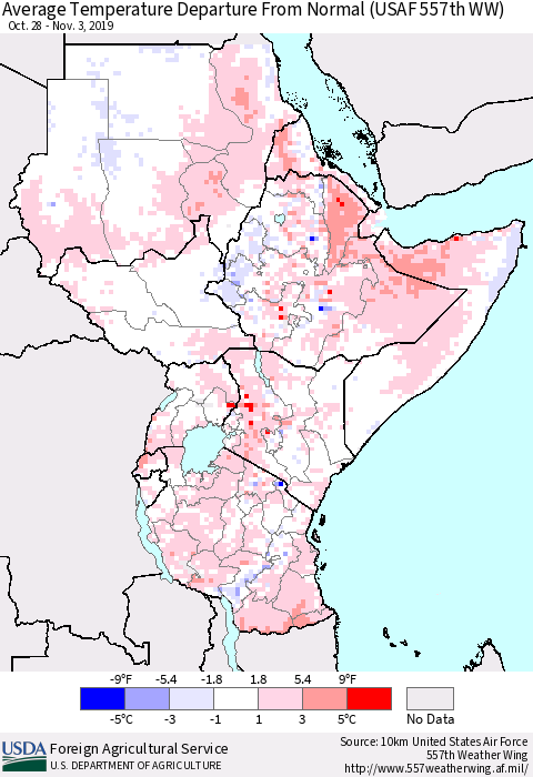 Eastern Africa Average Temperature Departure from Normal (USAF 557th WW) Thematic Map For 10/28/2019 - 11/3/2019