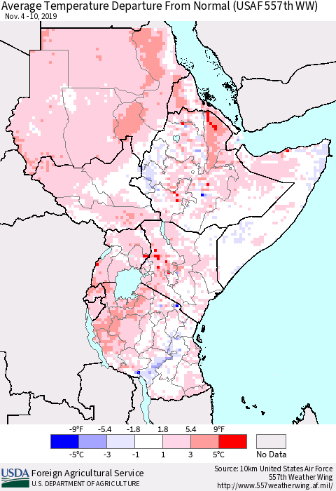 Eastern Africa Average Temperature Departure from Normal (USAF 557th WW) Thematic Map For 11/4/2019 - 11/10/2019