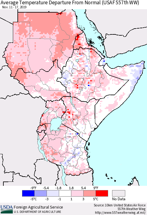 Eastern Africa Average Temperature Departure from Normal (USAF 557th WW) Thematic Map For 11/11/2019 - 11/17/2019