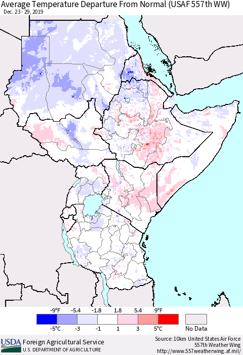 Eastern Africa Average Temperature Departure from Normal (USAF 557th WW) Thematic Map For 12/23/2019 - 12/29/2019