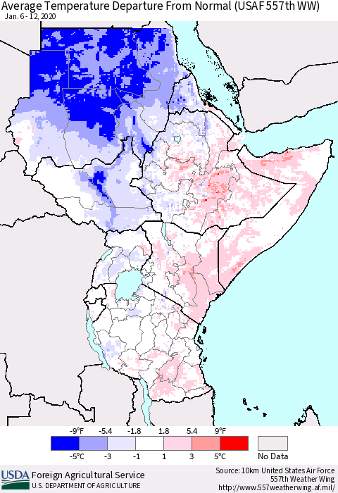 Eastern Africa Average Temperature Departure from Normal (USAF 557th WW) Thematic Map For 1/6/2020 - 1/12/2020