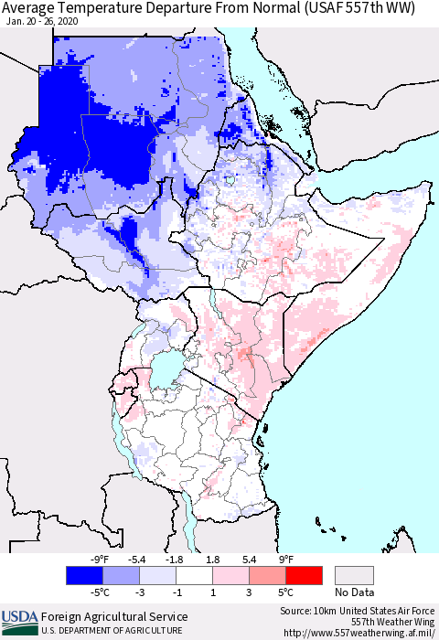 Eastern Africa Average Temperature Departure from Normal (USAF 557th WW) Thematic Map For 1/20/2020 - 1/26/2020