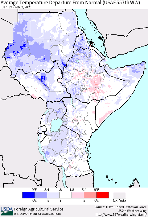 Eastern Africa Average Temperature Departure from Normal (USAF 557th WW) Thematic Map For 1/27/2020 - 2/2/2020
