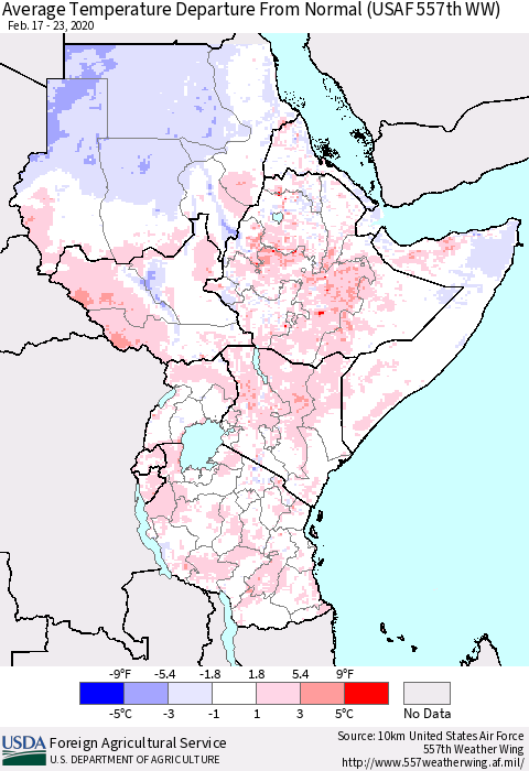 Eastern Africa Average Temperature Departure from Normal (USAF 557th WW) Thematic Map For 2/17/2020 - 2/23/2020