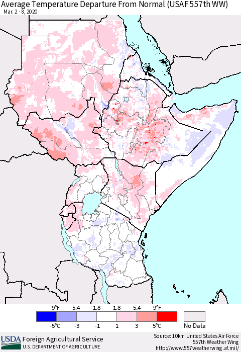 Eastern Africa Average Temperature Departure from Normal (USAF 557th WW) Thematic Map For 3/2/2020 - 3/8/2020