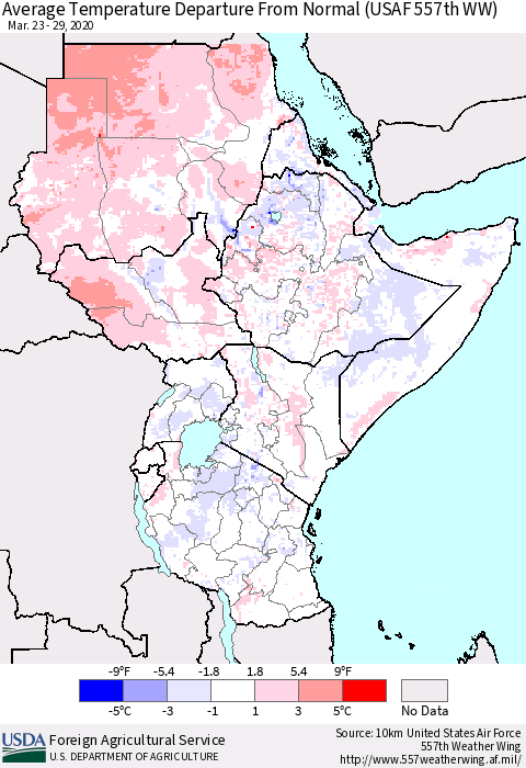 Eastern Africa Average Temperature Departure from Normal (USAF 557th WW) Thematic Map For 3/23/2020 - 3/29/2020
