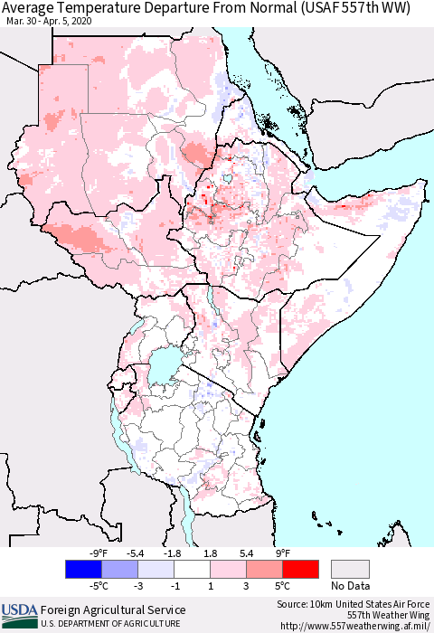 Eastern Africa Average Temperature Departure from Normal (USAF 557th WW) Thematic Map For 3/30/2020 - 4/5/2020