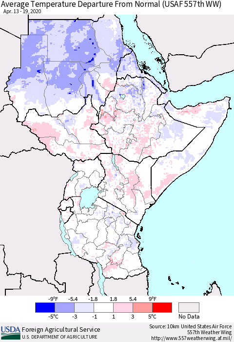 Eastern Africa Average Temperature Departure from Normal (USAF 557th WW) Thematic Map For 4/13/2020 - 4/19/2020