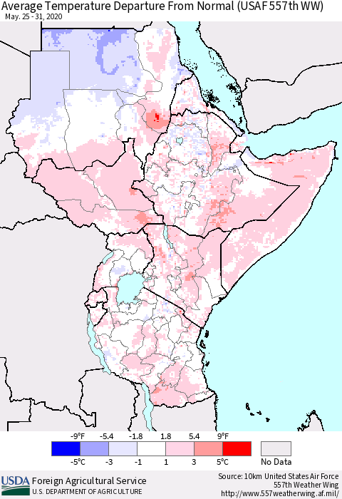 Eastern Africa Average Temperature Departure from Normal (USAF 557th WW) Thematic Map For 5/25/2020 - 5/31/2020