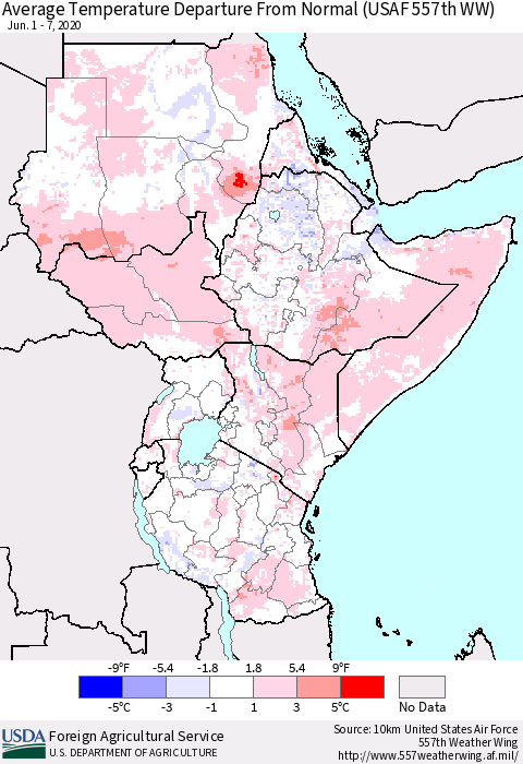 Eastern Africa Average Temperature Departure from Normal (USAF 557th WW) Thematic Map For 6/1/2020 - 6/7/2020