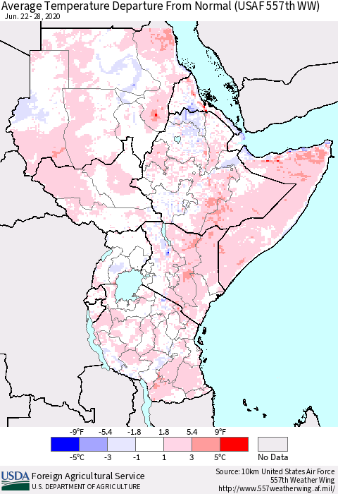 Eastern Africa Average Temperature Departure from Normal (USAF 557th WW) Thematic Map For 6/22/2020 - 6/28/2020