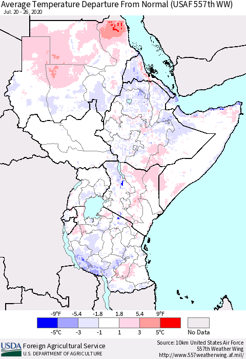Eastern Africa Average Temperature Departure from Normal (USAF 557th WW) Thematic Map For 7/20/2020 - 7/26/2020
