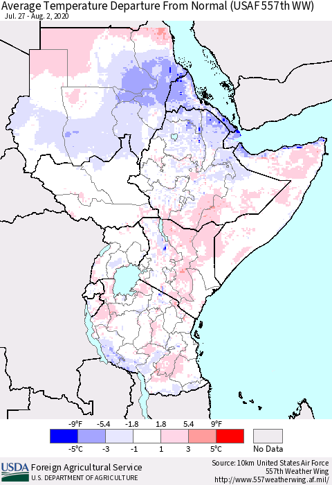 Eastern Africa Average Temperature Departure from Normal (USAF 557th WW) Thematic Map For 7/27/2020 - 8/2/2020
