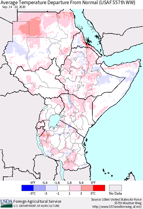 Eastern Africa Average Temperature Departure from Normal (USAF 557th WW) Thematic Map For 9/14/2020 - 9/20/2020