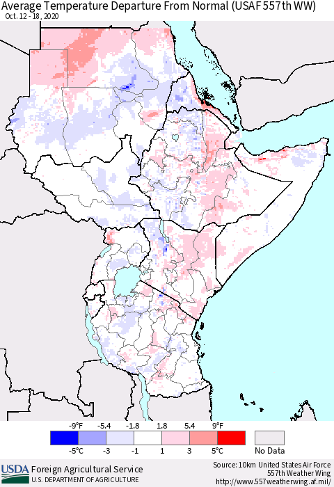 Eastern Africa Average Temperature Departure from Normal (USAF 557th WW) Thematic Map For 10/12/2020 - 10/18/2020