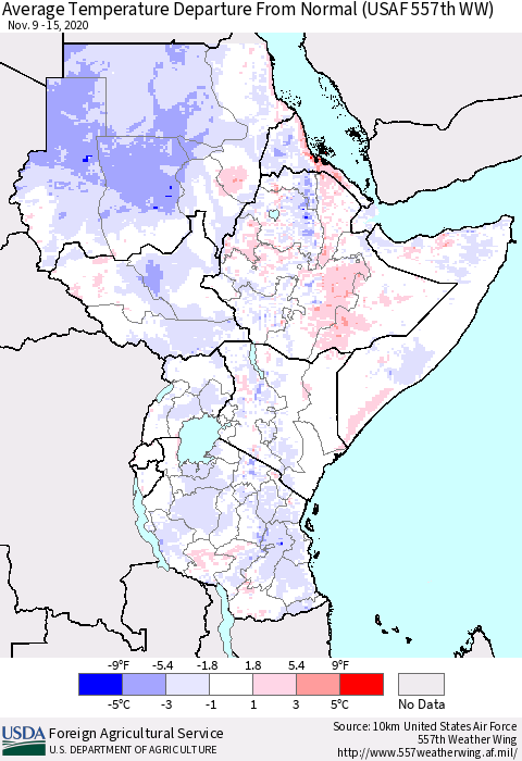 Eastern Africa Average Temperature Departure from Normal (USAF 557th WW) Thematic Map For 11/9/2020 - 11/15/2020