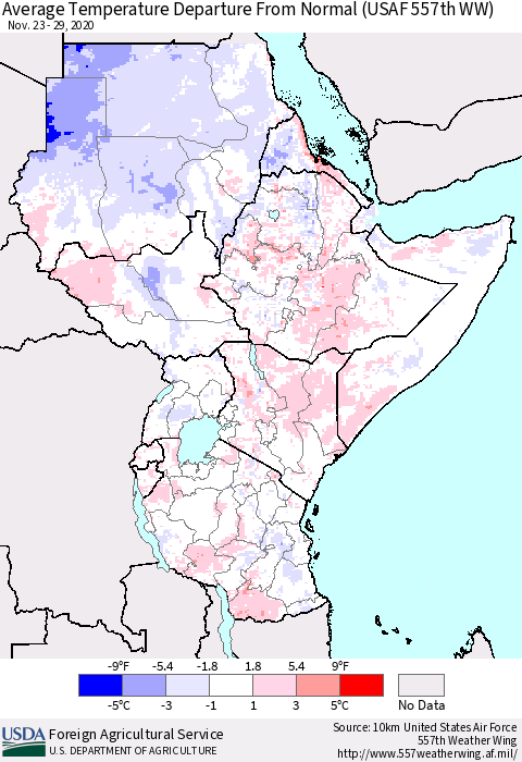 Eastern Africa Average Temperature Departure from Normal (USAF 557th WW) Thematic Map For 11/23/2020 - 11/29/2020