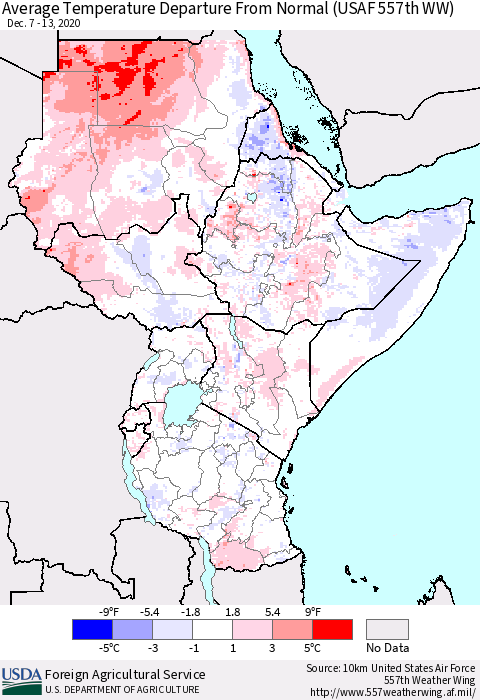 Eastern Africa Average Temperature Departure from Normal (USAF 557th WW) Thematic Map For 12/7/2020 - 12/13/2020